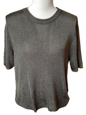 H&M Khaki Green Metallic Knit Top Elbow Sleeve Shimmer Boxy Sweater M